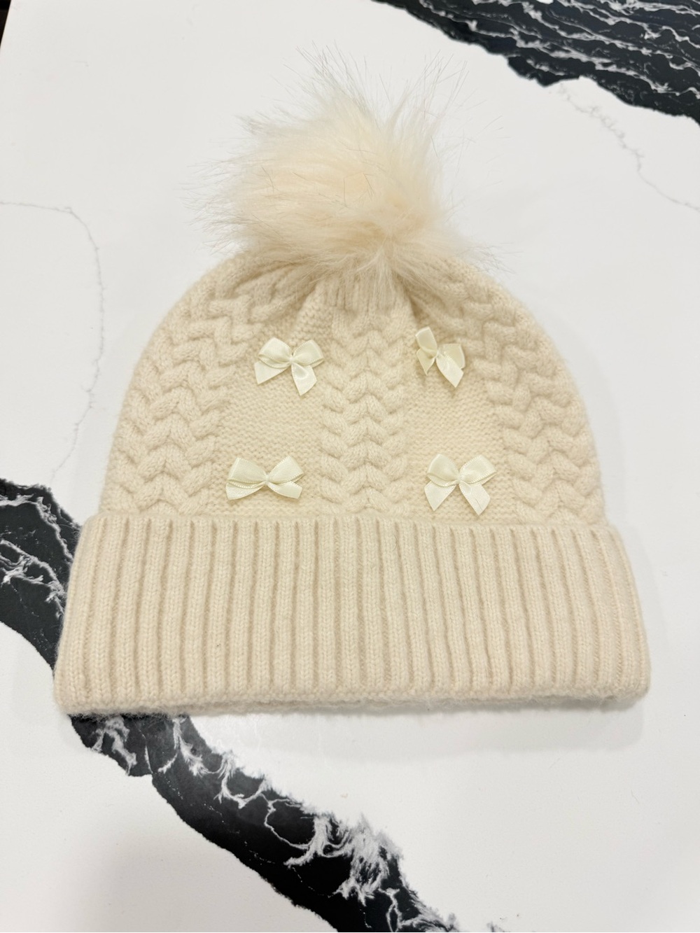 Windsor Cream Cable Knit Pom Pom Beanie with Bows
